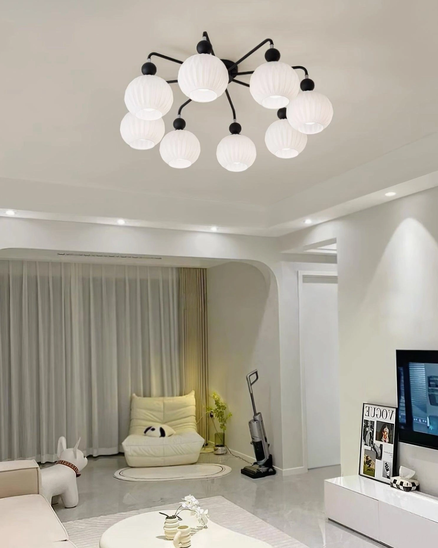 8-light matte black mid-century style ceiling light in contemporary family living room
