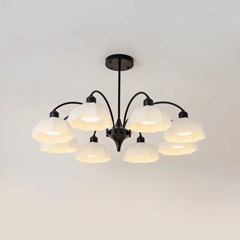 8-head frosted glass bell chandelier black and white, spacious living room ceiling light with organic floral glass details