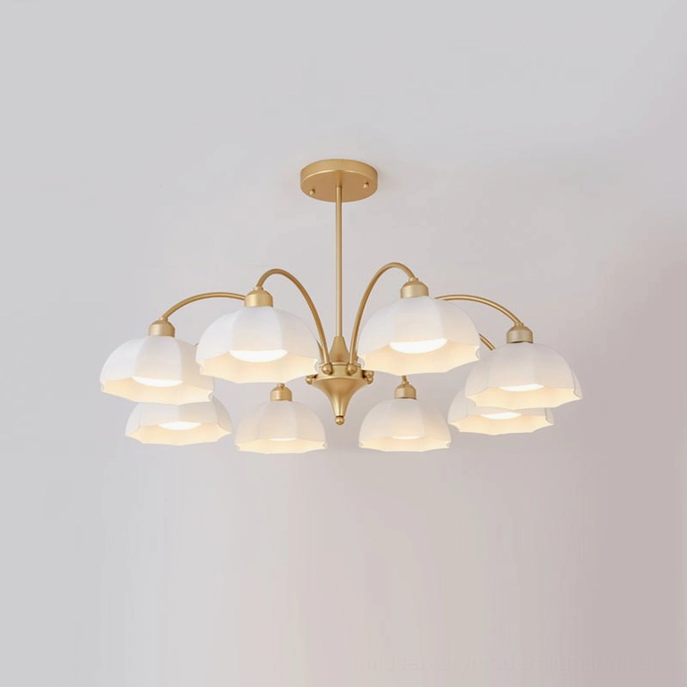 8-head frosted glass bell chandelier gold and white, large mid-century modern multi-pendant fixture with warm metallic finish