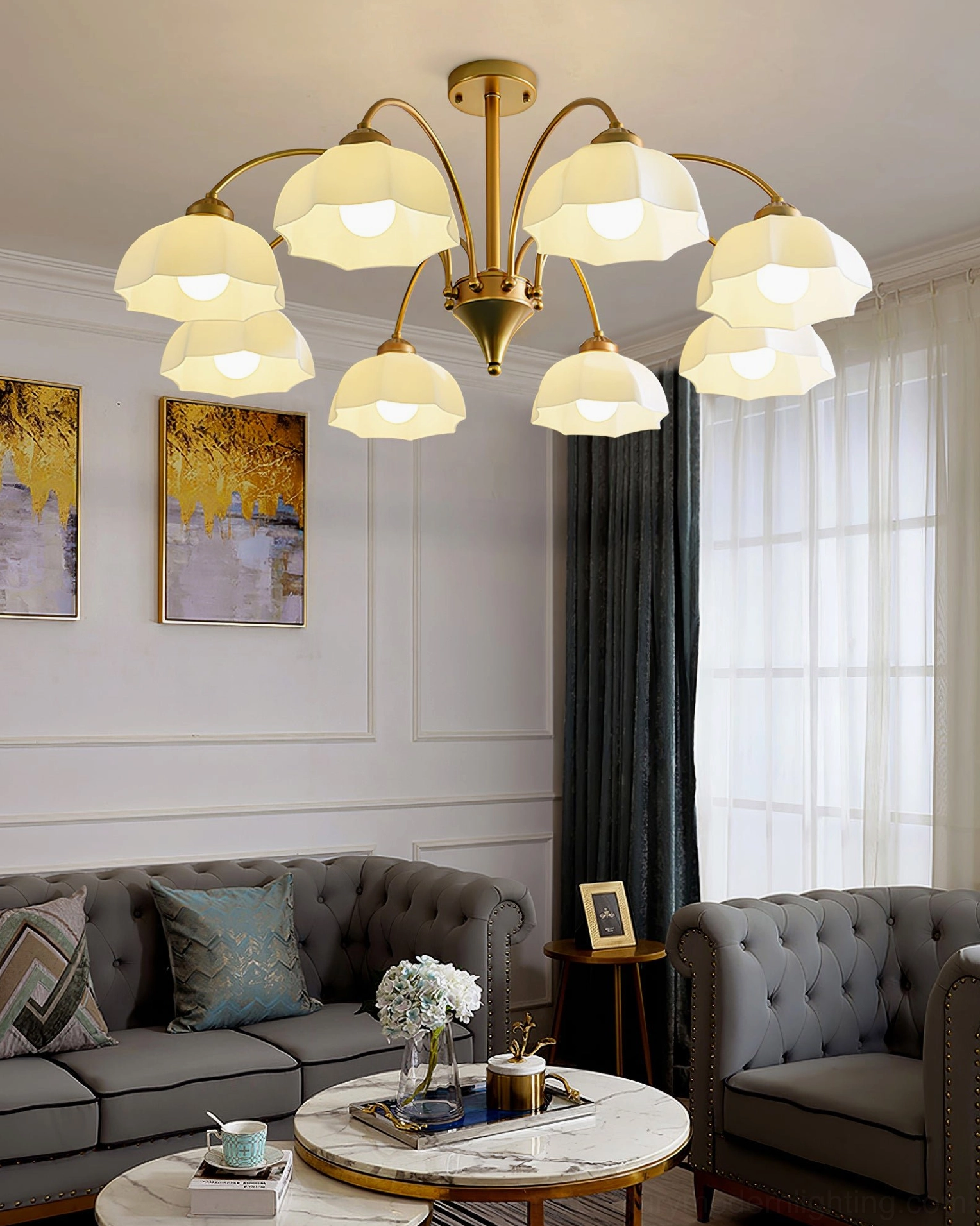 8-head large frosted glass bell chandelier in elegant living room with tufted sofas, retro brass luxury design pendant light