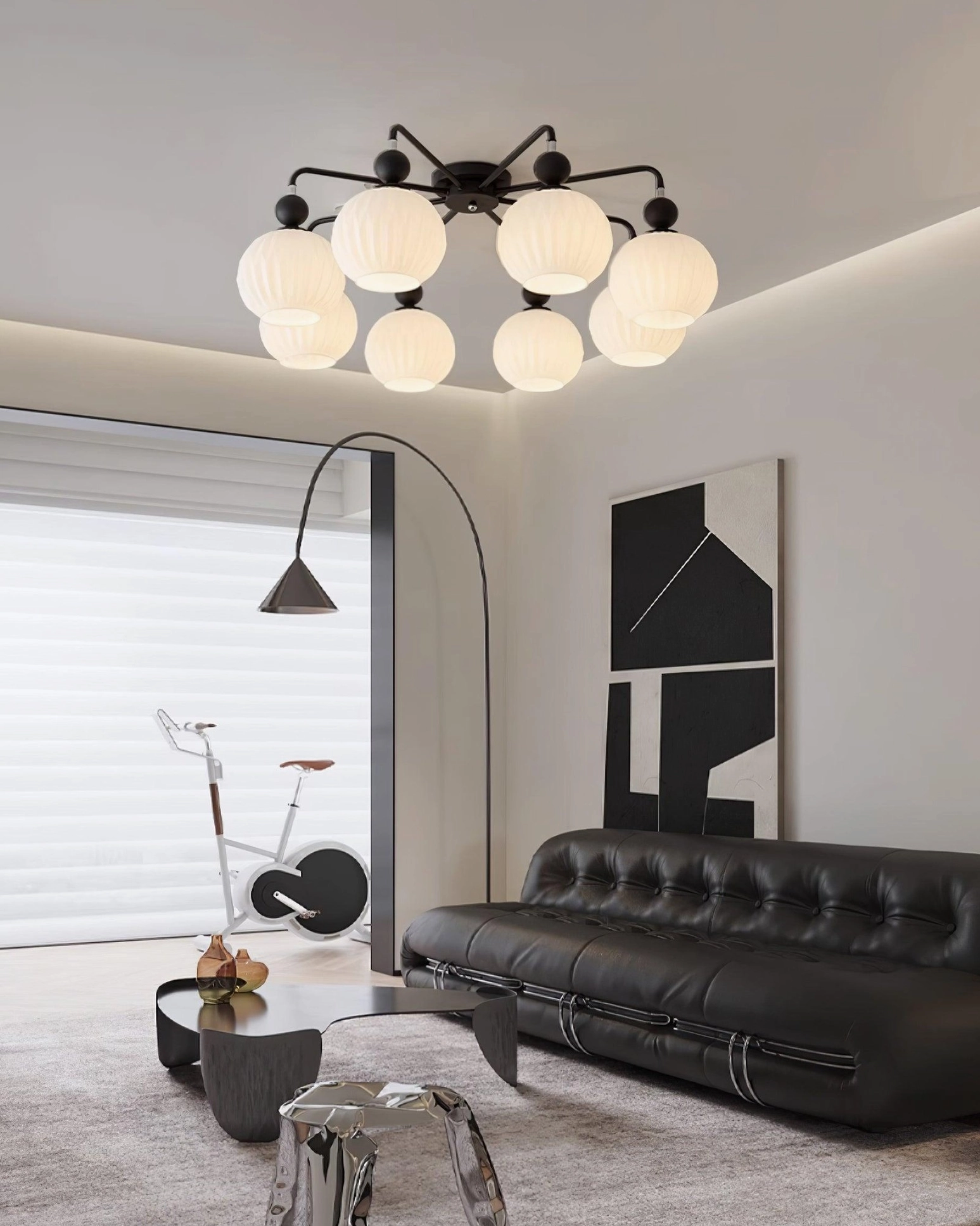 8-light matte black ceiling chandelier with white glass globes, close-up overhead minimalist interior