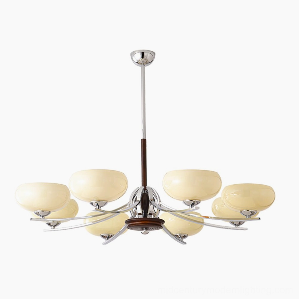 Eight-head mid-century modern glass chandelier with cream-colored shades, dark walnut wood structure, and polished chrome hardware - full fixture display