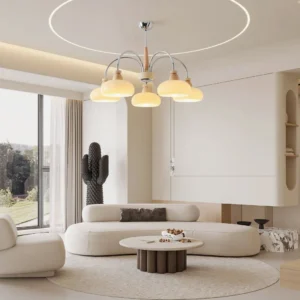 8-light persimmon wood chandelier installed in minimalist cream living room, soft ambient lighting