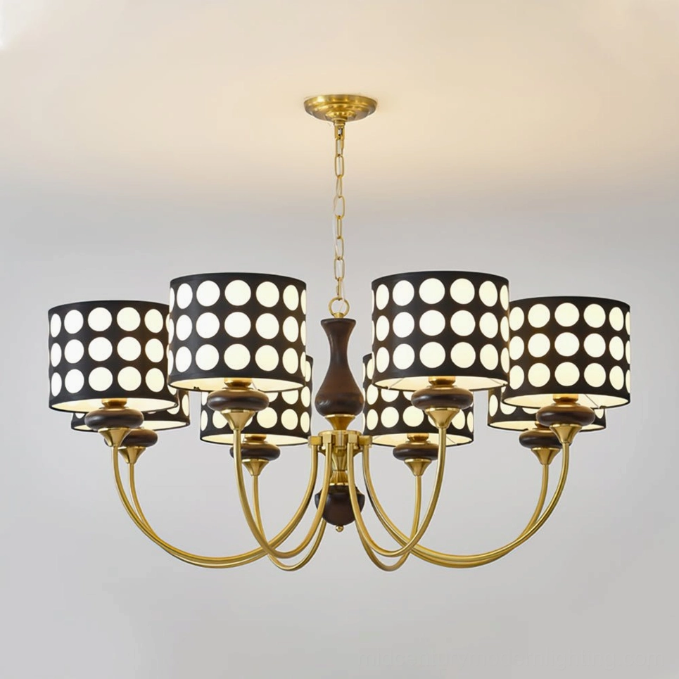 8-head polka dot chandelier with gold and walnut color finish, commanding scale design