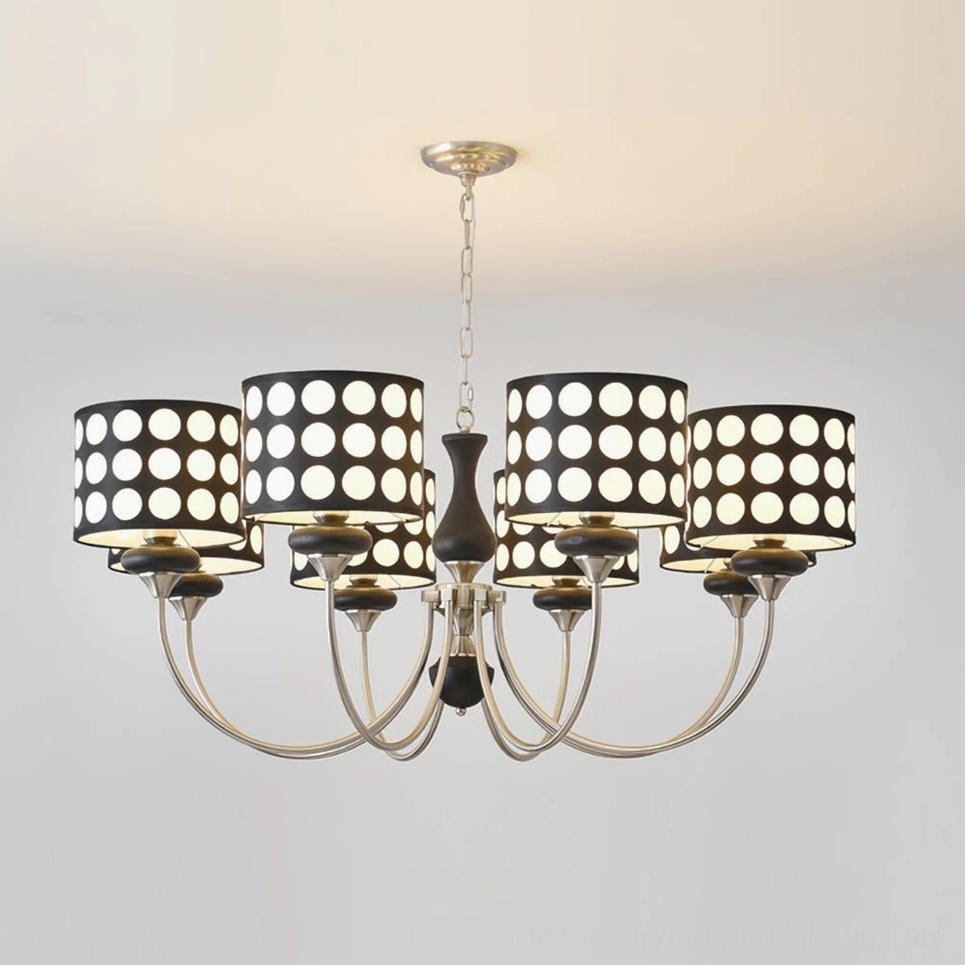 8-head polka dot chandelier with sand-nickel and walnut finishes, large capacity configuration