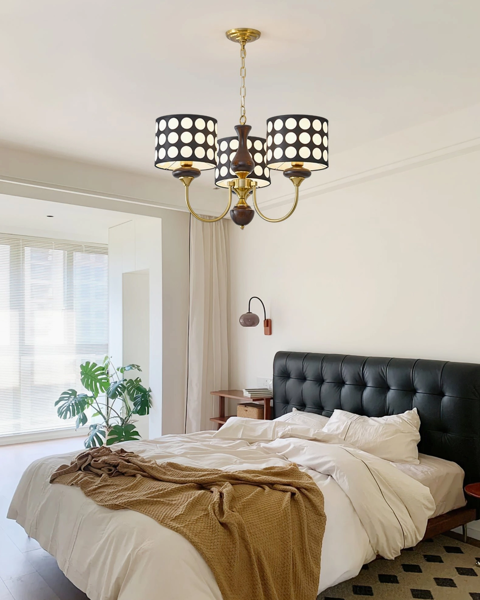 Full 8-head black polka dot chandelier with sand-nickel and walnut finish, spacious room configuration
