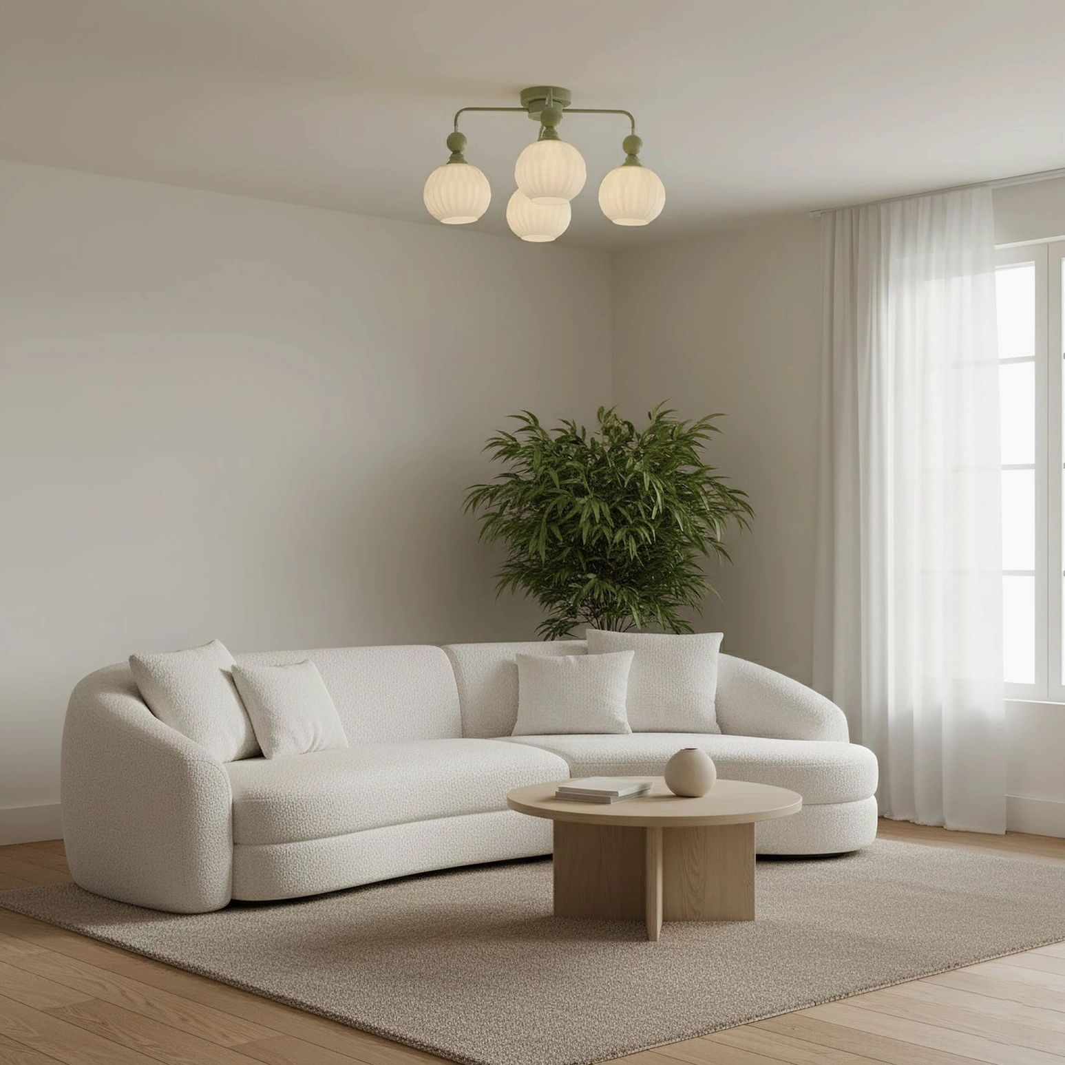 8-head matte black mid-century ceiling chandelier with white glass shades, detailed overhead shot
