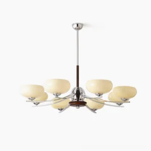 Mid-century modern glass chandelier with 8 cream-colored oval shades, walnut wood central frame, and polished chrome curved arms on white studio background - overhead front view