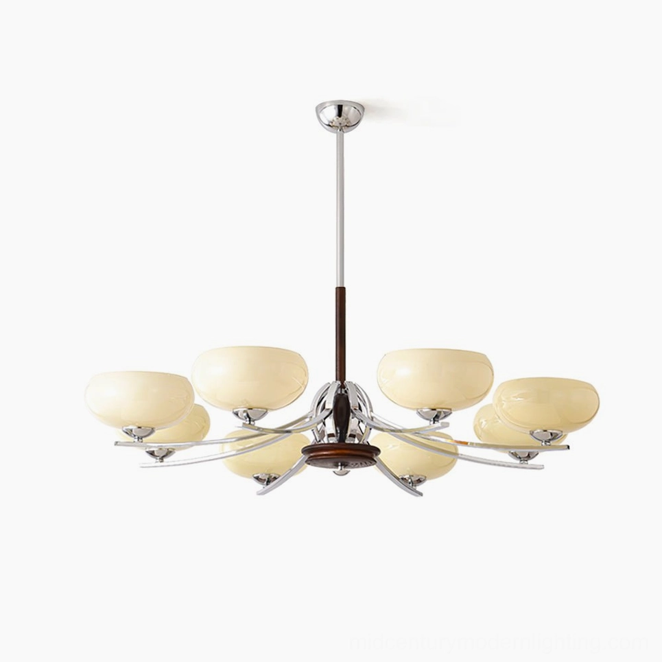 Mid-century modern glass chandelier with 8 cream-colored oval shades, walnut wood central frame, and polished chrome curved arms on white studio background - overhead front view