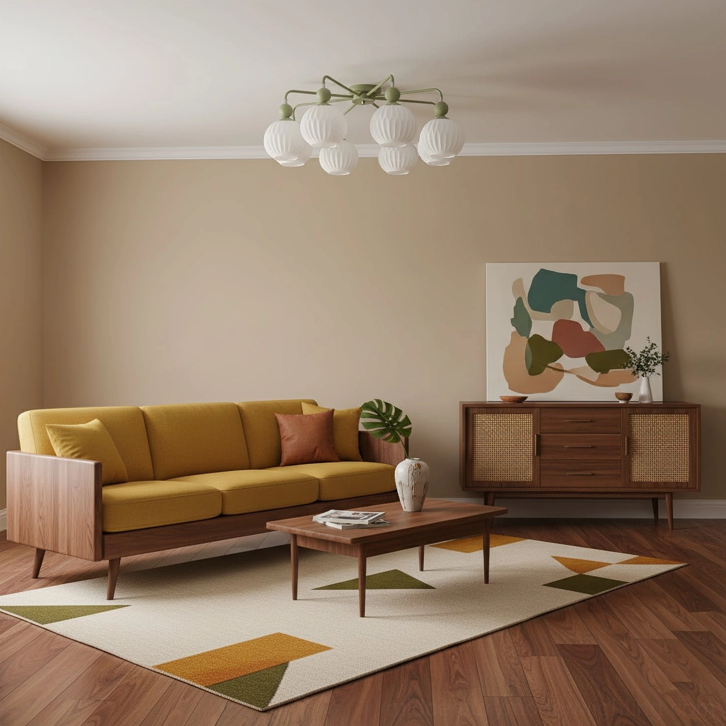 8-head mid-century ceiling light in open concept living space, statement fixture view