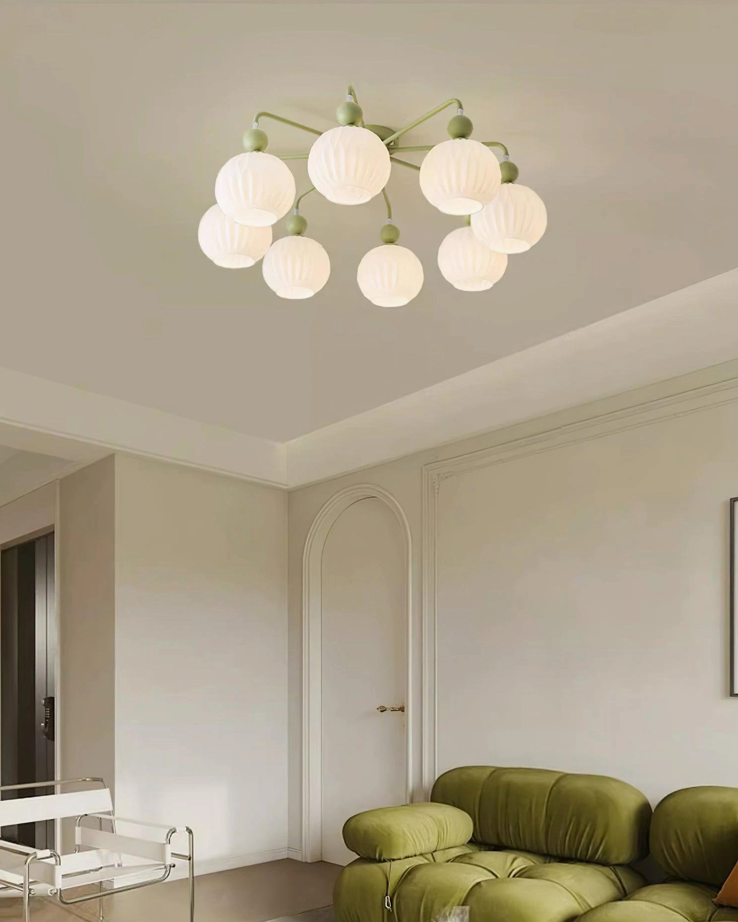8-head sage green ceiling chandelier with ribbed glass shades in nordic style living space