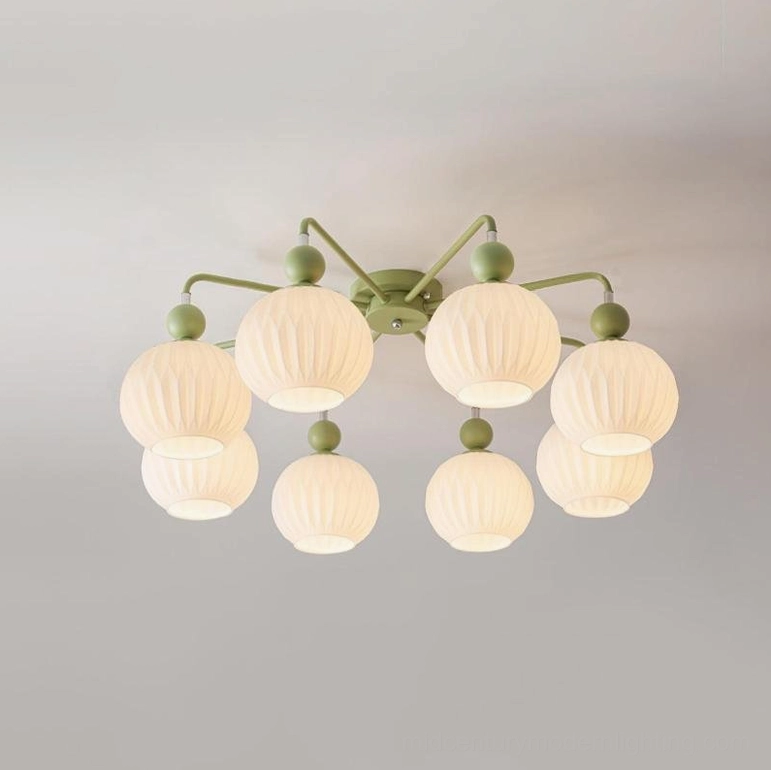8-head sage green mid-century ceiling chandelier, full fixture overhead view