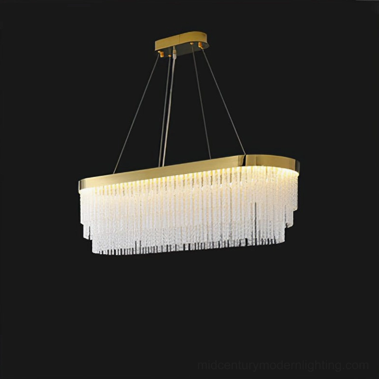 Rectangular 80cm crystal chandelier with linear tassel design and gold hardware frame
