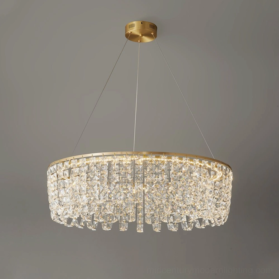 Mid-sized single-tier 80cm brass chandelier with faceted crystal array detail view