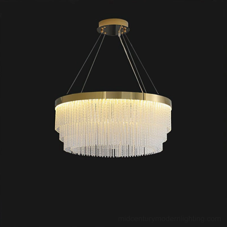 Large 80cm diameter tiered crystal chandelier with gold brass frame and LED illumination