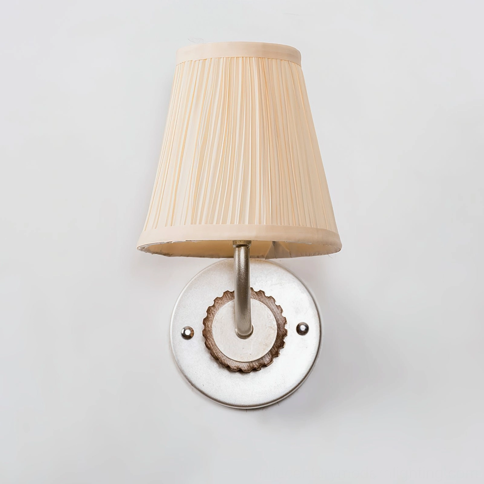Abbey French Country wall sconce detail view with pleated fabric shade and metal hardware