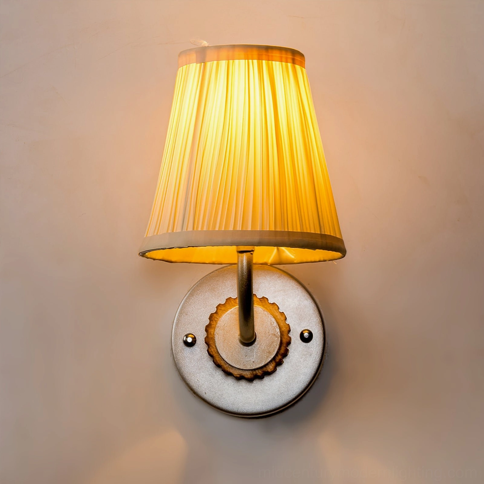Abbey fabric wall light showing complete assembly with mounting plate and arm extension