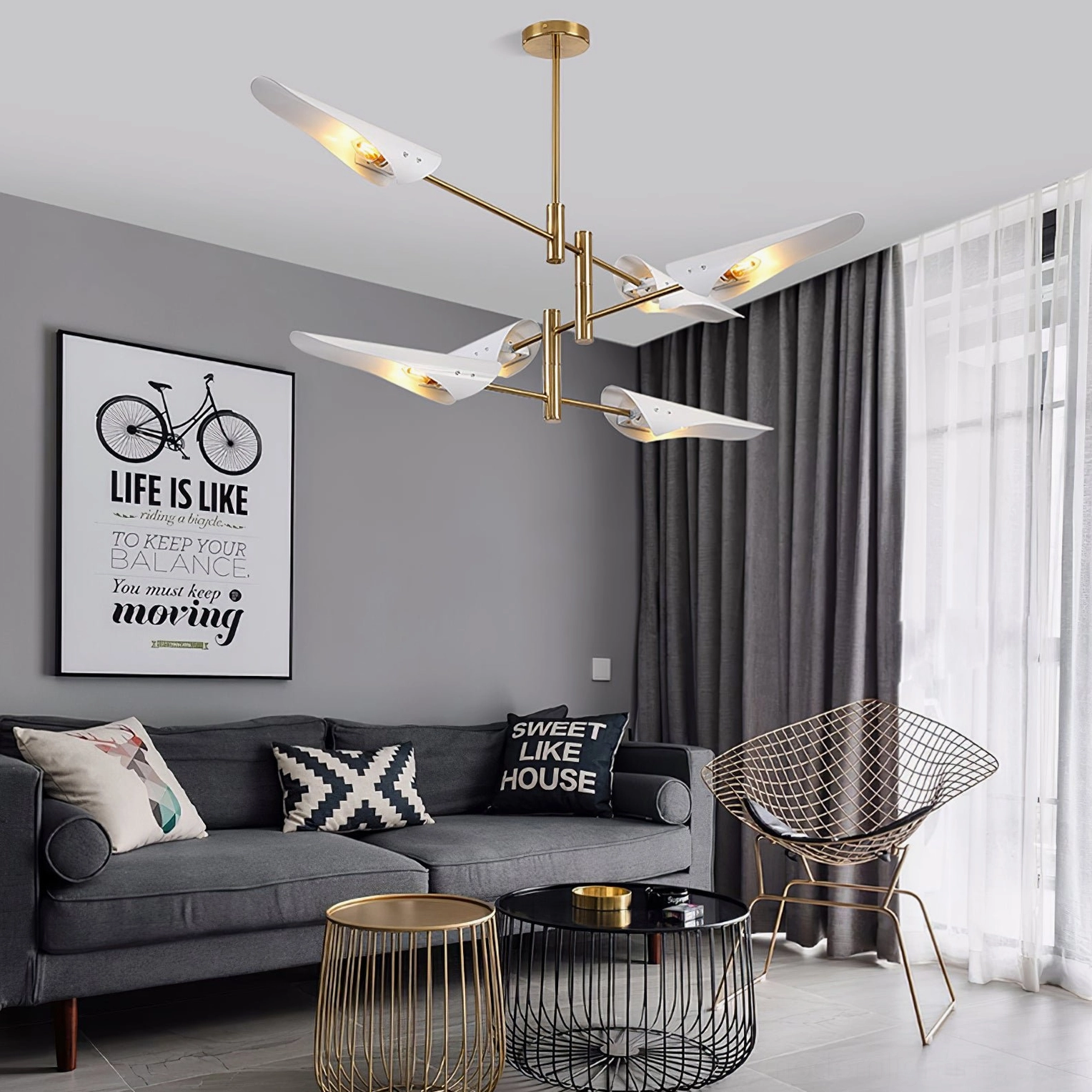 Abelon 4-head sputnik chandelier gold and black combination in modern interior setting