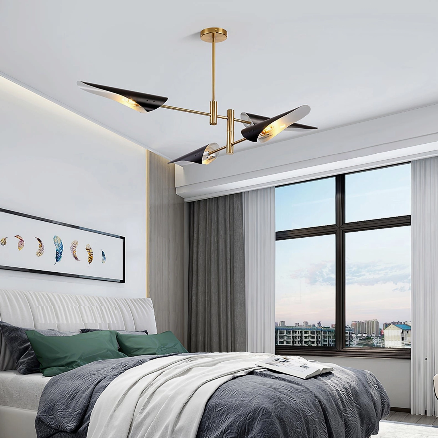 Abelon chandelier installation showing ceiling mounting and flexible suspension rod setup