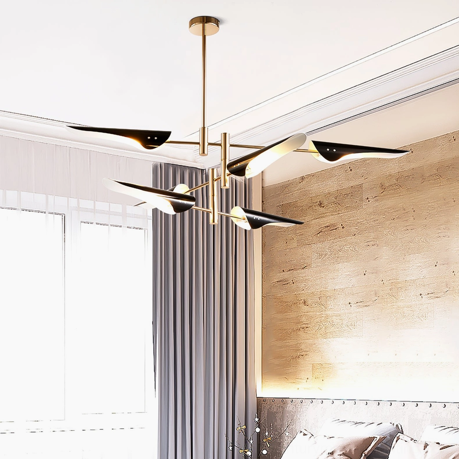 Sputnik chandelier with warm ambient brass gold lighting and matte black lamp shades in master bedroom with wood accent wall