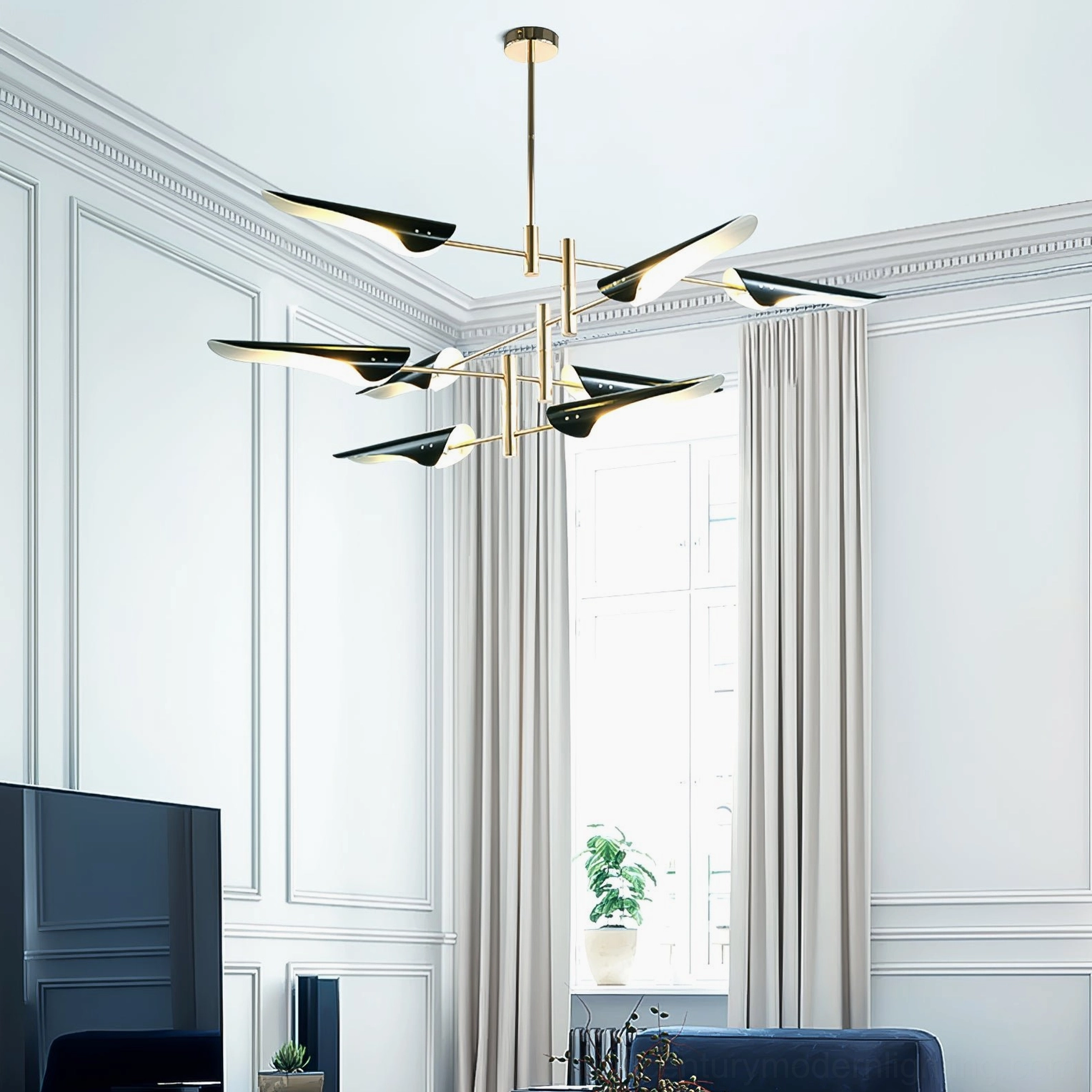 Sculptural modern chandelier with sleek brass gold hardware and angled matte black shades in neoclassical paneled interior