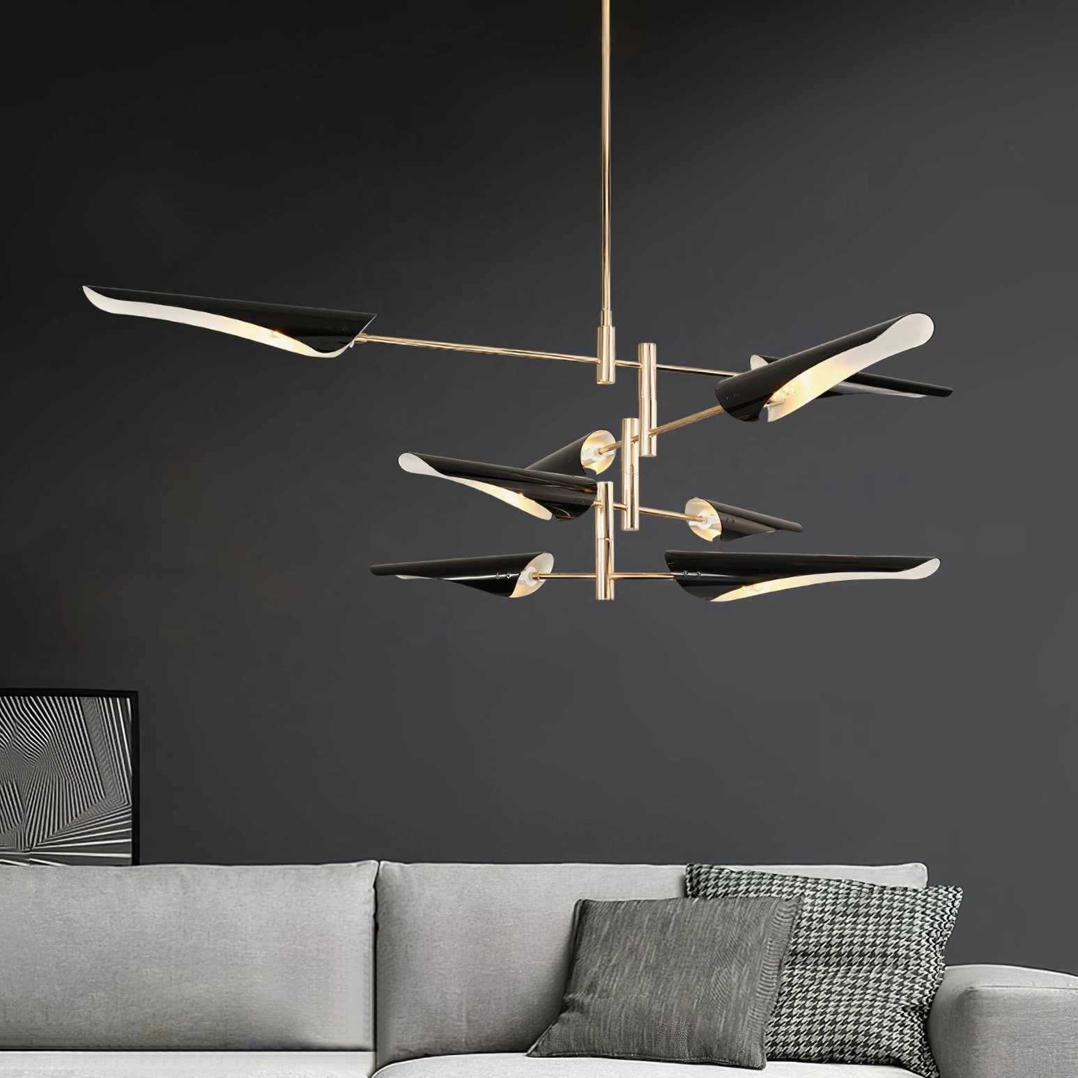 Modern multi-head pendant light with kinetic design and adjustable arm configuration