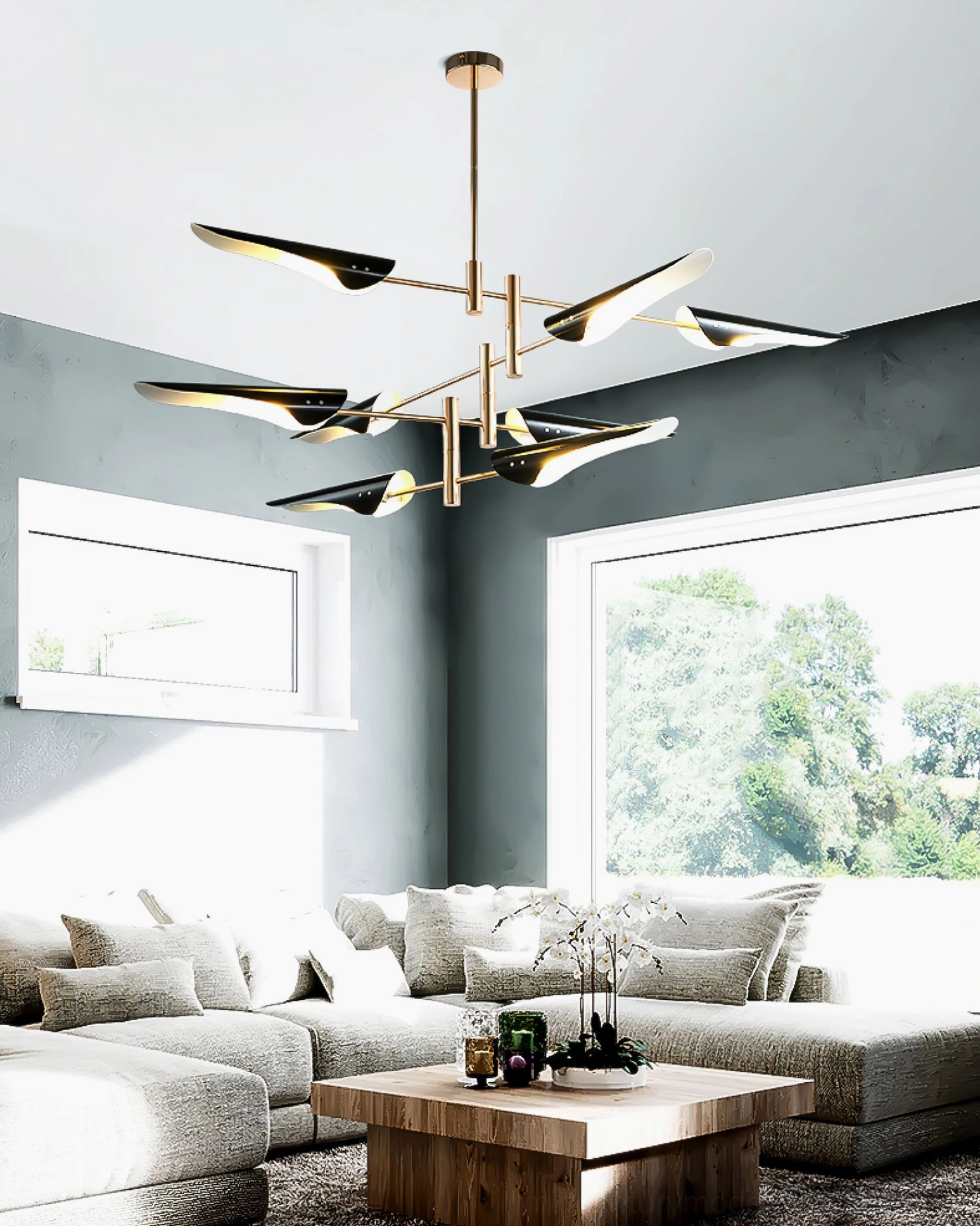 Minimalist modern pendant light with adjustable brass and black sputnik design aesthetic