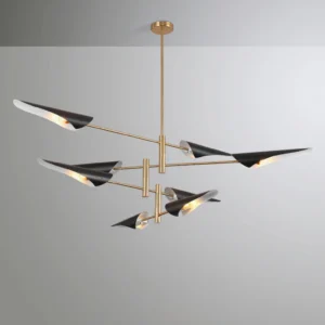 Contemporary dual-tier sputnik chandelier with angled black lamp shades and brass hardware, low-angle front perspective