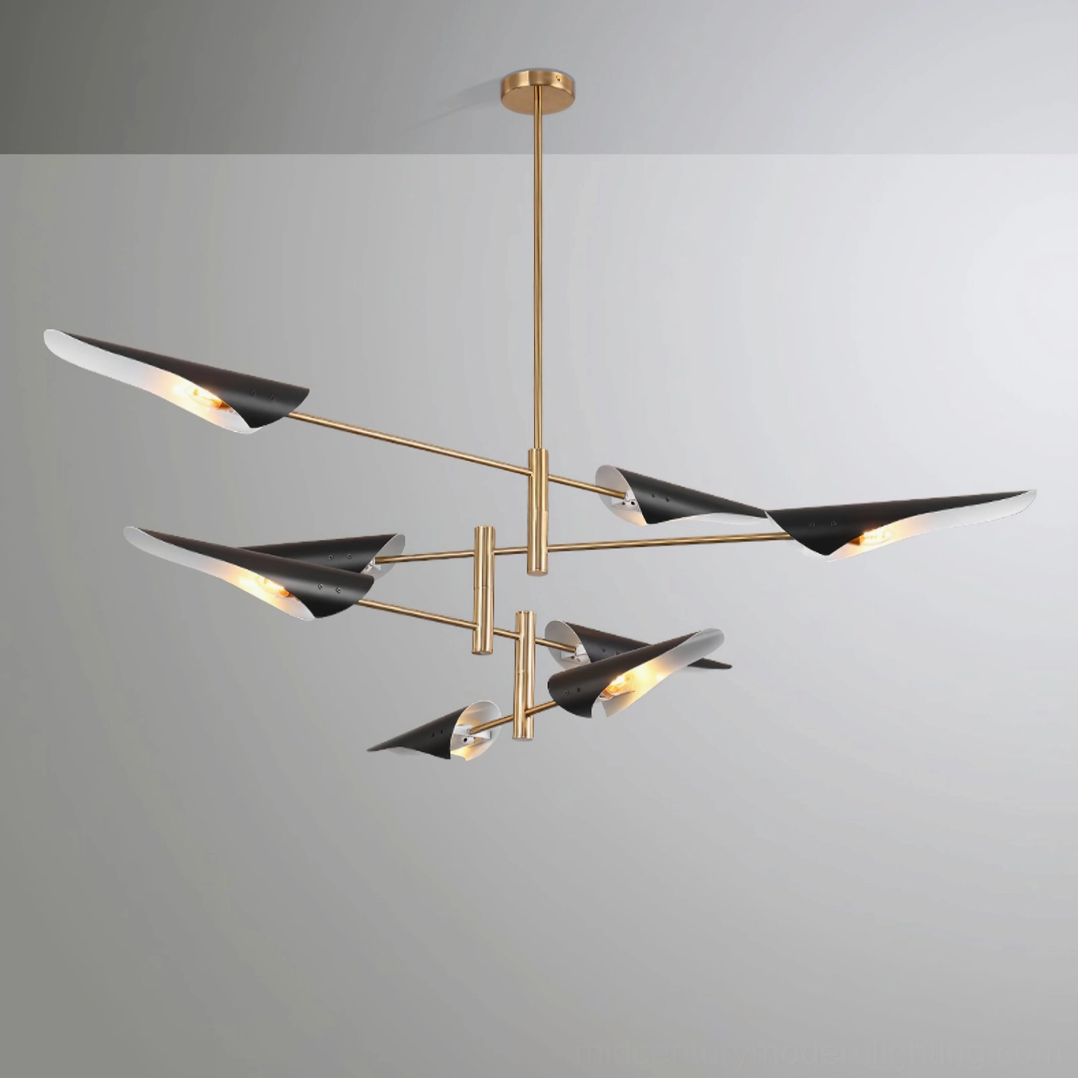 Contemporary dual-tier sputnik chandelier with angled black lamp shades and brass hardware, low-angle front perspective