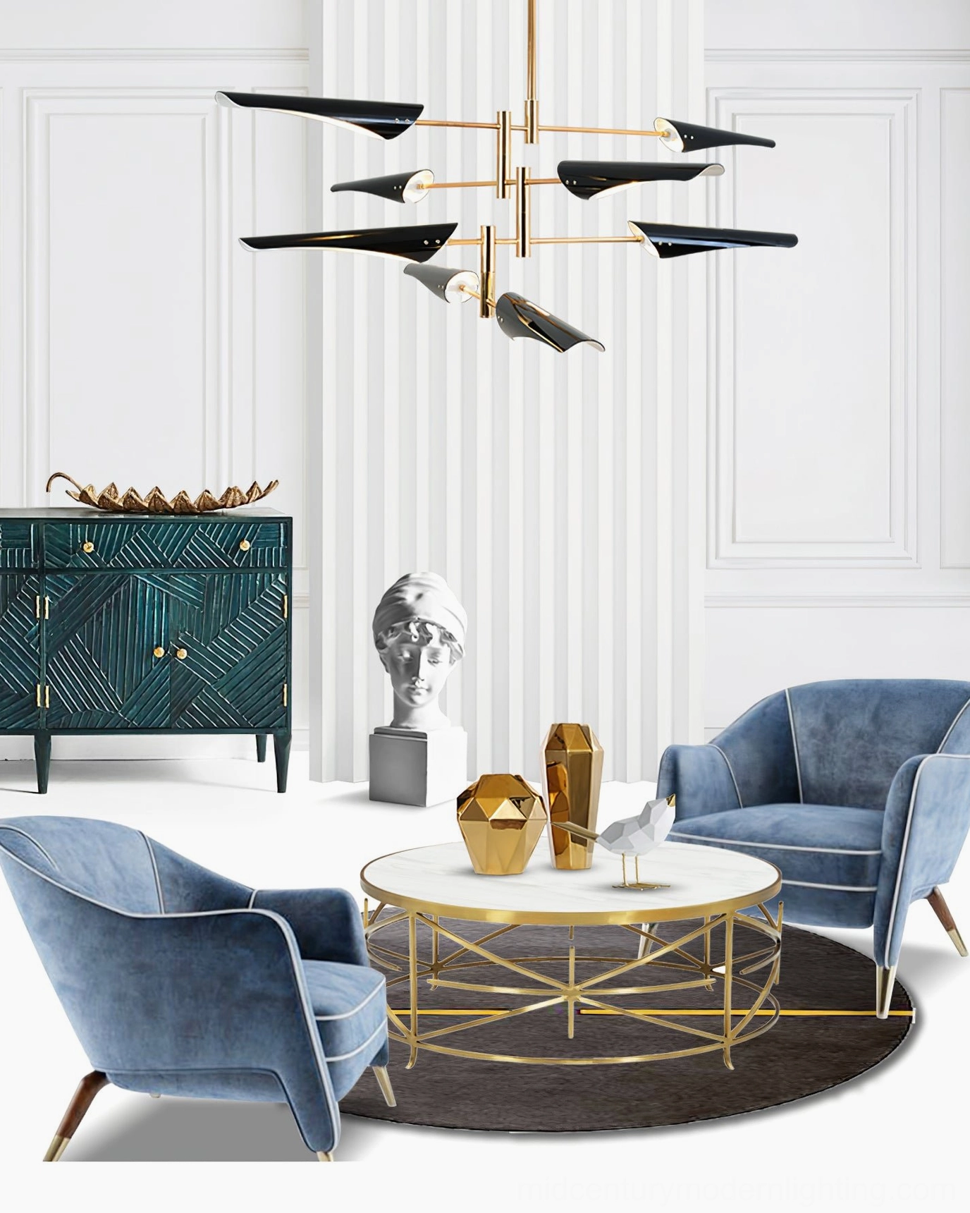 Minimalist neoclassical sputnik chandelier with brass gold finish and black articulated arms in luxury lounge setting