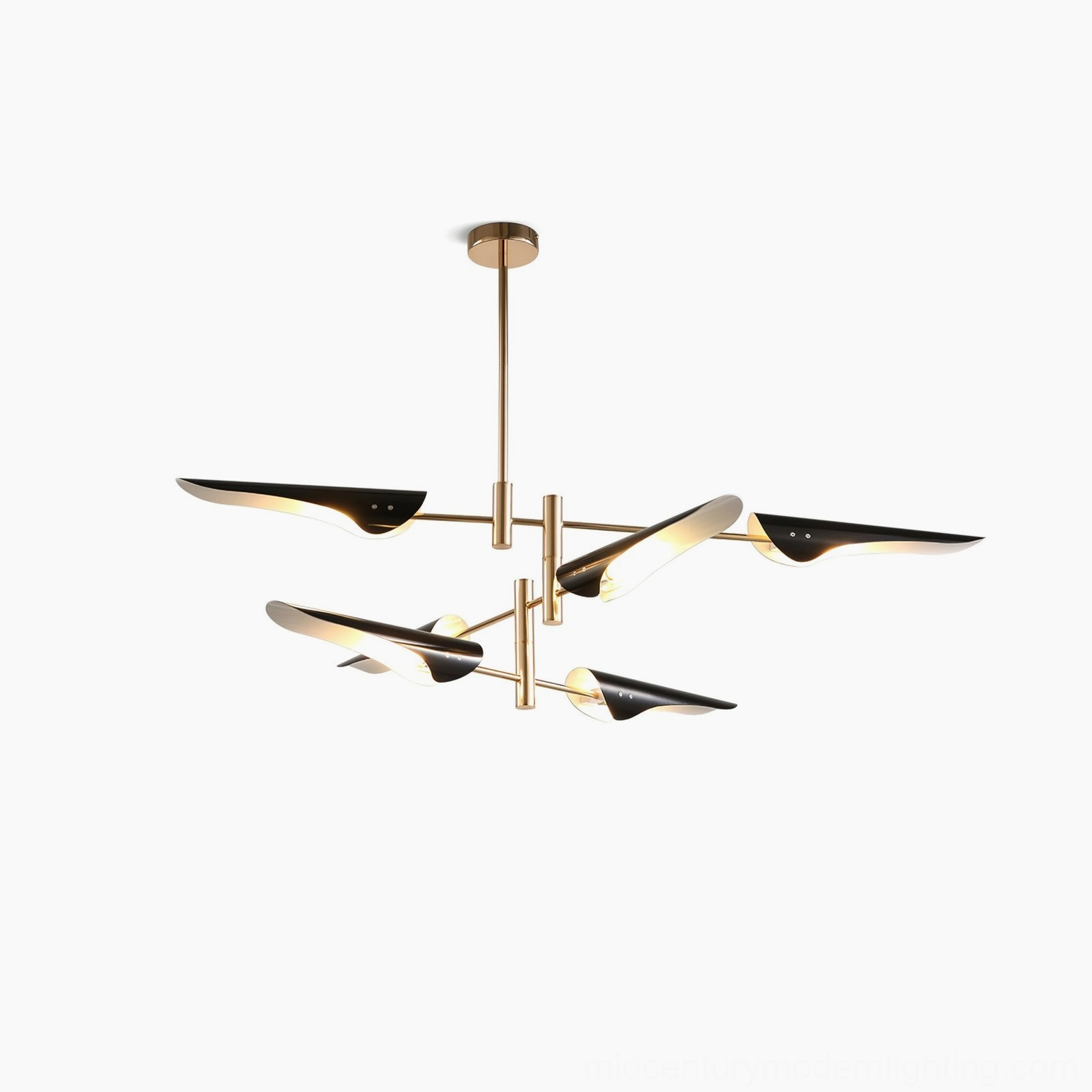 Modern sputnik chandelier featuring brass gold metal frame with independently adjustable black lamp head arms