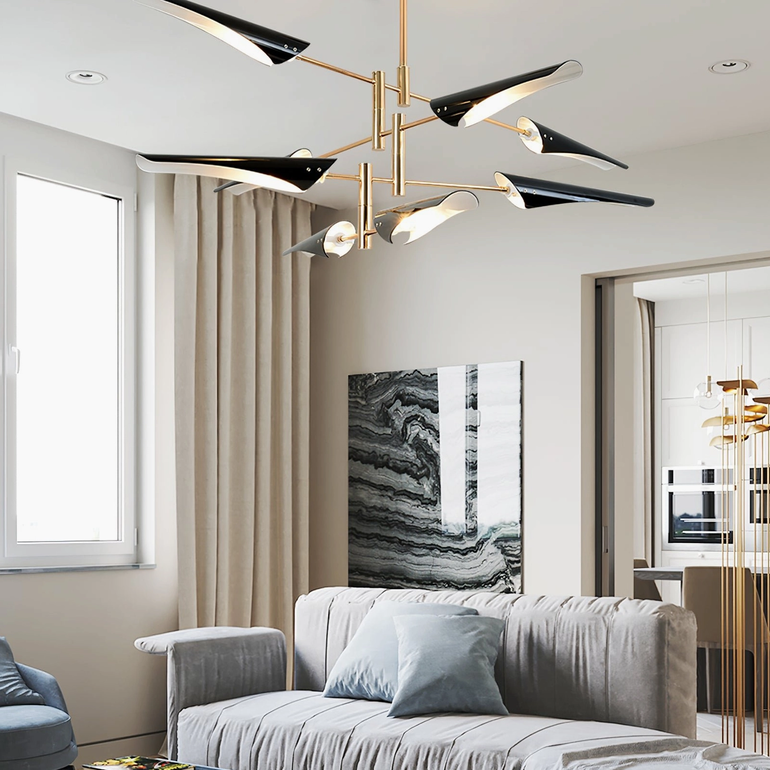 Contemporary sputnik chandelier showcasing brass hardware and matte black lamp shade contrast