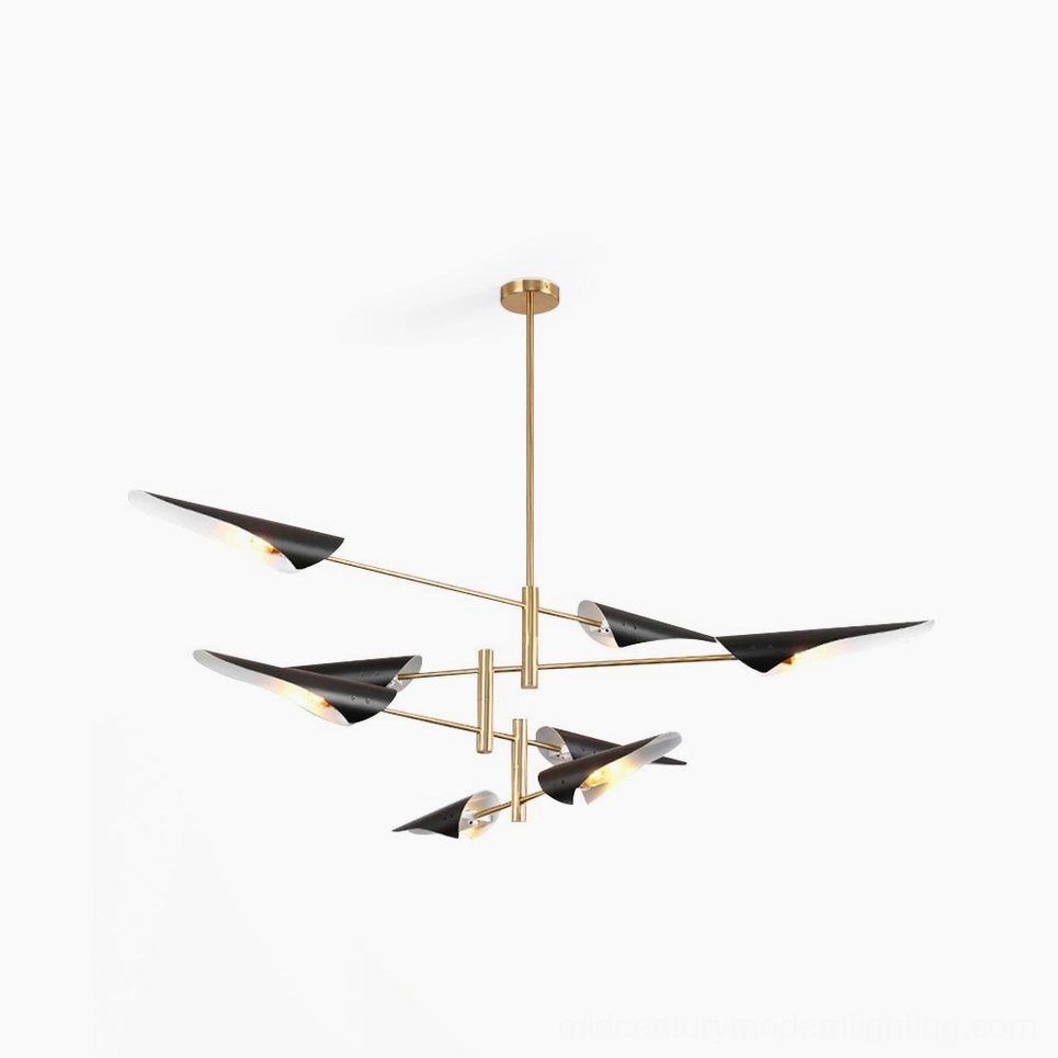 Abelon modern sputnik chandelier with adjustable brass gold frame and matte black lamp heads, flat overhead studio view