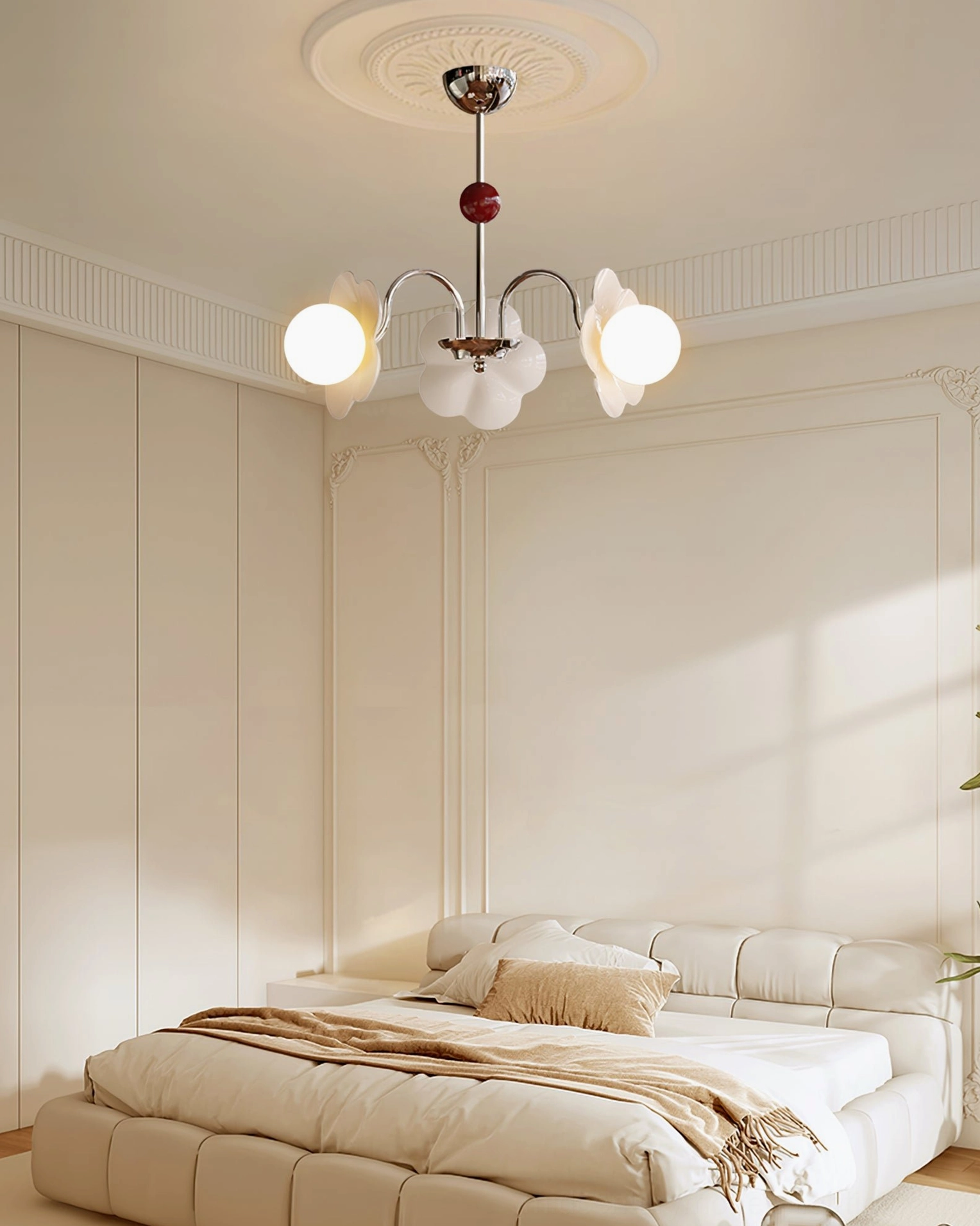 Acacia 3-light chandelier in French cream bedroom with warm ambient lighting, showing room integration and warm light temperature option