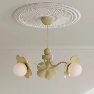 Acacia floral chandelier with embossed white ceiling medallion, overhead installation detail showing sage green accents and professional mounting setup