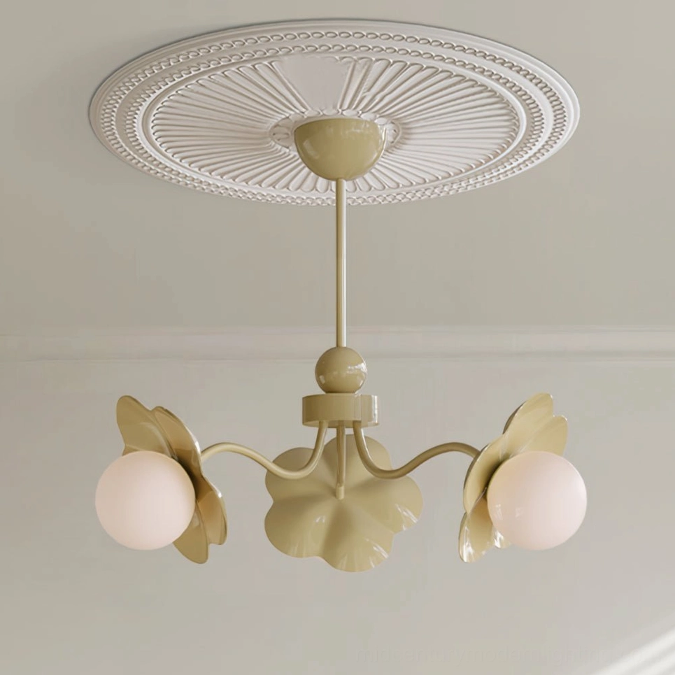 Acacia floral chandelier with embossed white ceiling medallion, overhead installation detail showing sage green accents and professional mounting setup