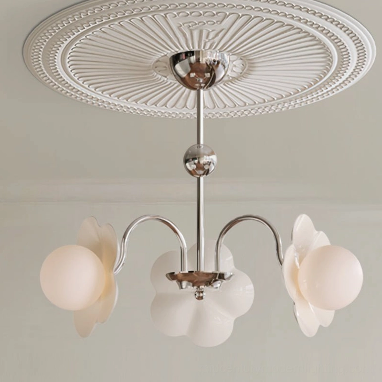 Acacia 3-light chandelier polished chrome finish and white frosted acrylic shades, overhead studio photography with professional lighting setup