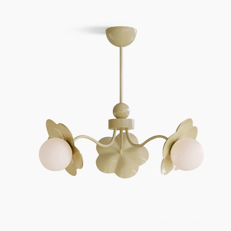 Acacia 3-light floral chandelier with creamy yellow finish, front studio view showcasing botanical petal-shaped acrylic shades and metal frame