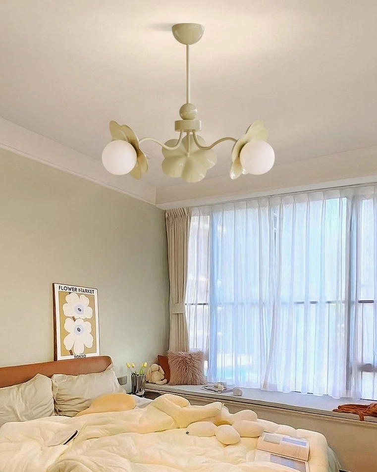 Acacia floral chandelier minimalist cream bedroom interior, cool light option illuminating soft window treatments and neutral decor