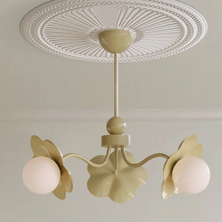 Sage green Acacia 3-light floral chandelier bottom-up overhead view, studio photography showing matte finish and rounded glass lamp covers detail