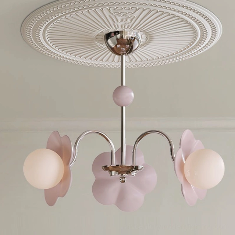 Acacia 3-light floral chandelier with pastel pink finish and silver metal frame, overhead studio view with ceiling medallion detail