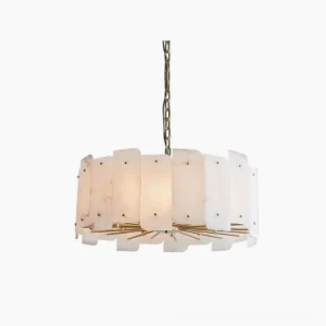 Acevedo alabaster drum chandelier with brass hardware, overhead front view against white studio backdrop, mid-century modern design