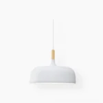Acorn Nordic pendant lamp with white matte aluminum dome and wooden top element on pure white background