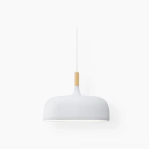 Acorn Nordic pendant lamp with white matte aluminum dome and wooden top element on pure white background