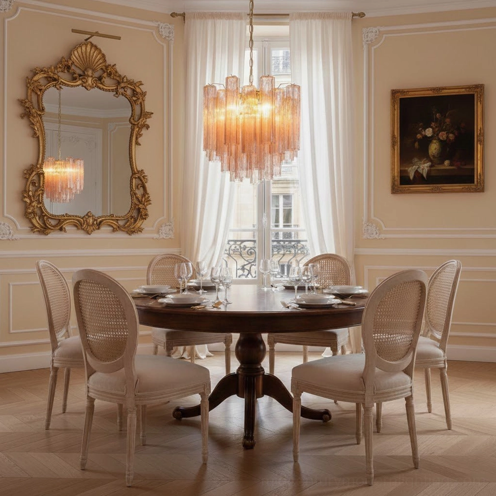 Addis amber murano glass chandelier french formal dining room carved mirror traditional