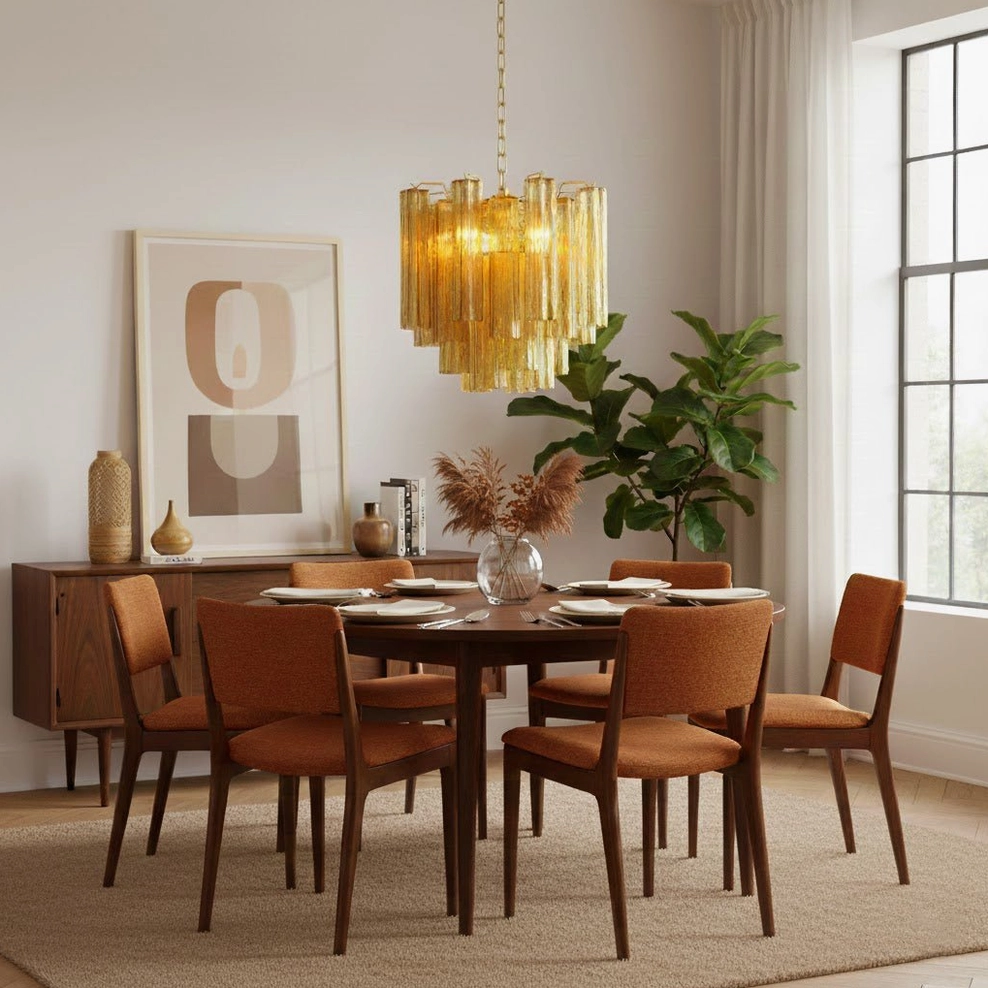 Addis amber murano glass chandelier minimalist bright dining room green plant mid-century