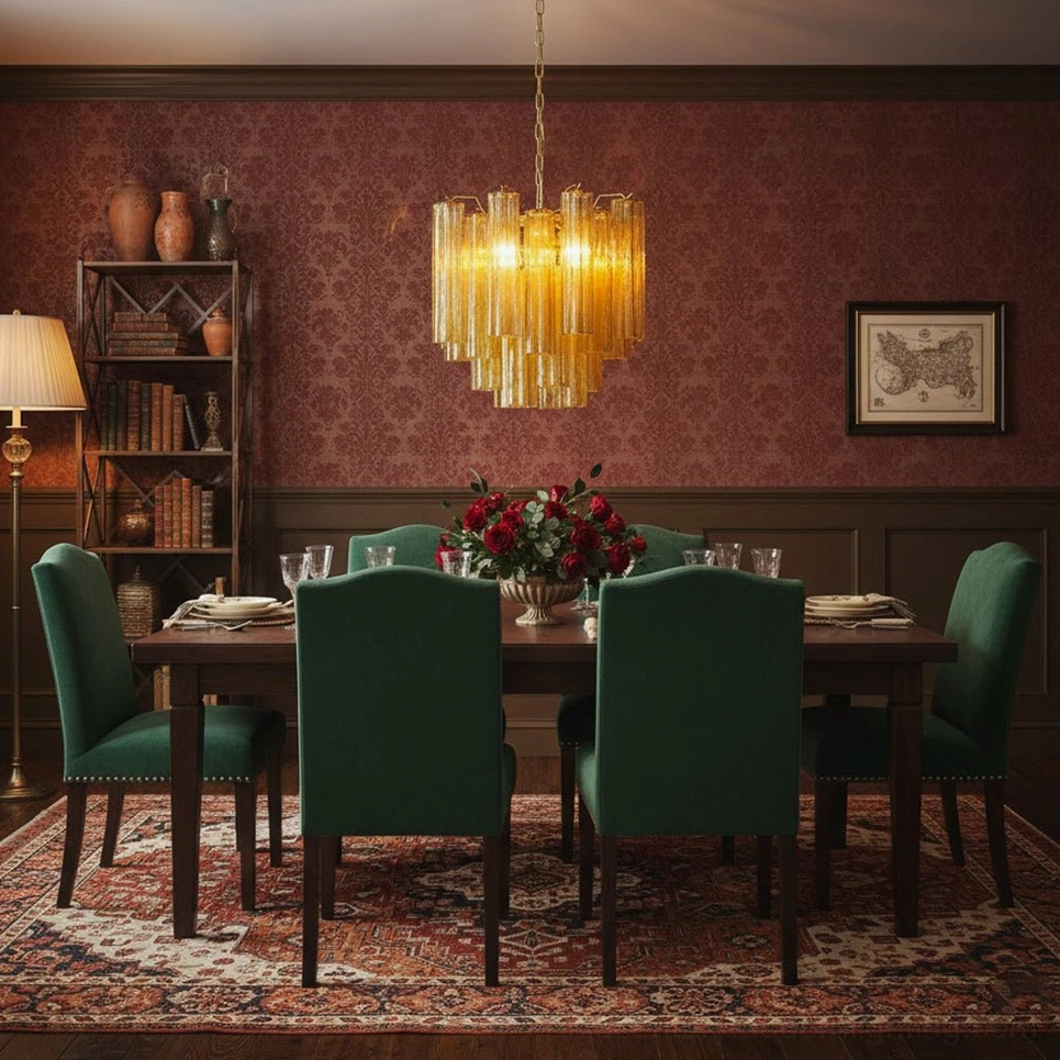 Addis amber murano glass chandelier red wallpaper luxury traditional dining room decor