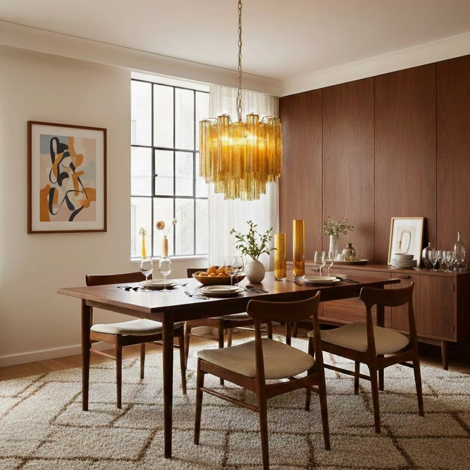 Addis amber murano glass chandelier dining room wood paneled vintage mid-century modern