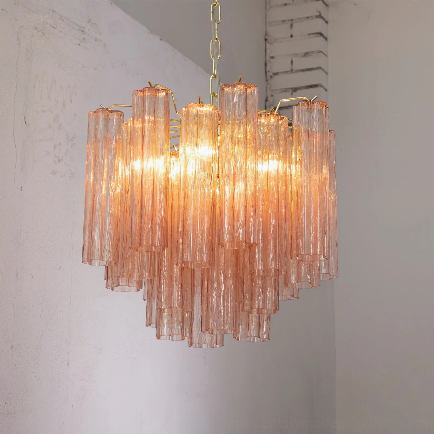 Addis pink murano glass chandelier hanging interior minimalist concrete wall mid-century modern