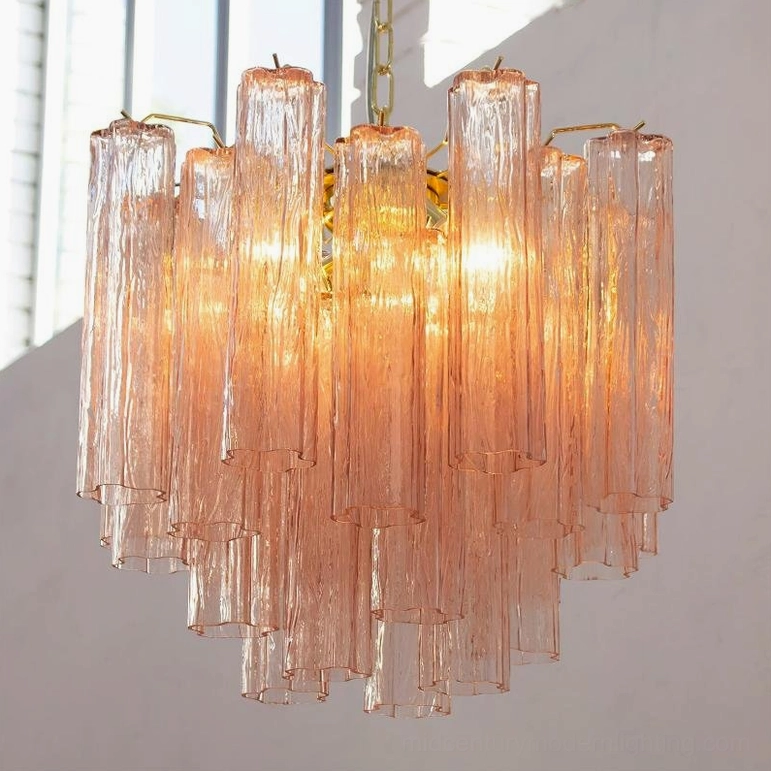 Addis pink murano glass chandelier upward view sunlit vintage glam home lighting
